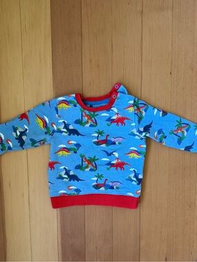 Baby Boden Blue Dinosaur Print Sweatshirt with Red Trim